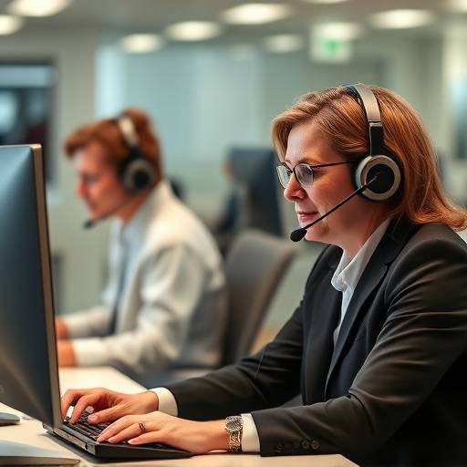 Due persone che parlano al telefono in un call center