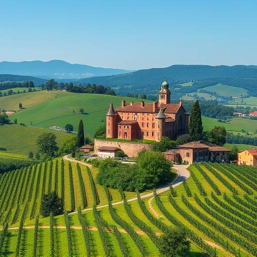 Le colline del Piemonte con vigneti e un castello medievale