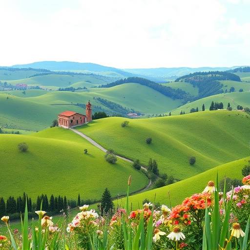 Paesaggio primaverile in Toscana con colline verdi e fiori colorati