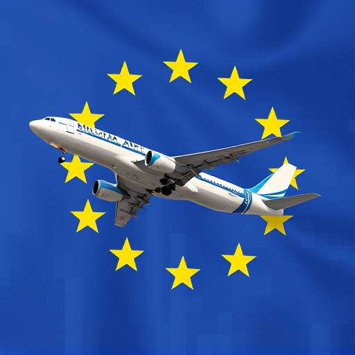 Un aereo che decolla con la bandiera dell'Unione Europea sullo sfondo