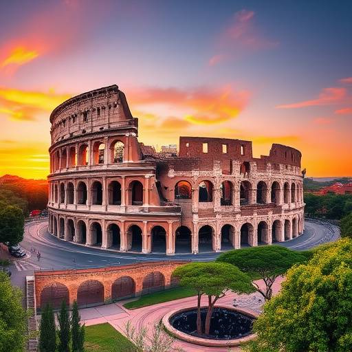 Veduta panoramica del Colosseo illuminato al tramonto