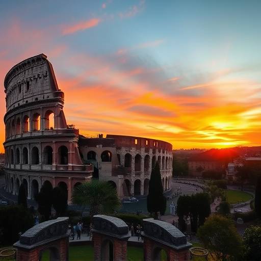 Vista panoramica del Colosseo a Roma al tramonto